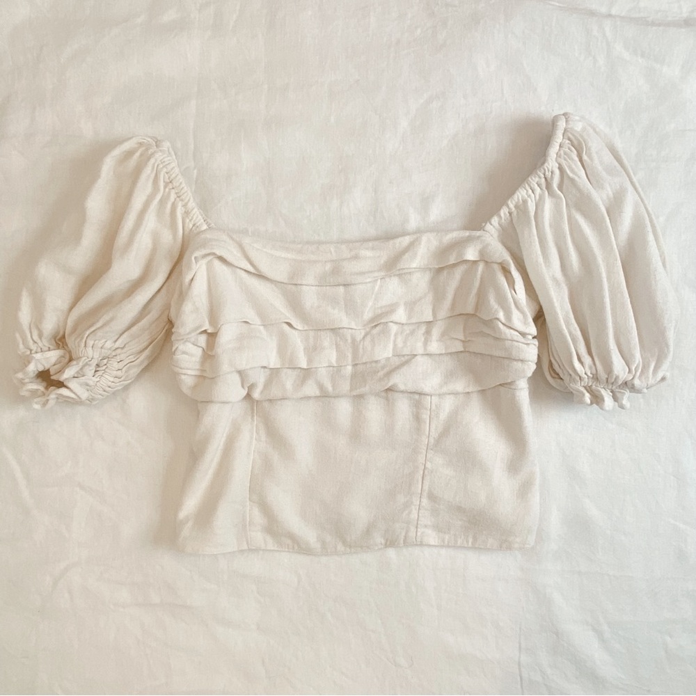 Abercrombie & Fitch Cream Linen Blend‎ Smocked Puff Sleeve Top